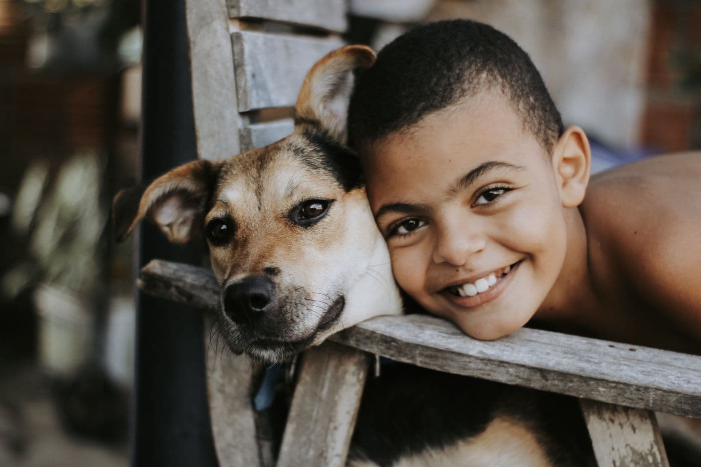A boy spending time with a dog outdoors